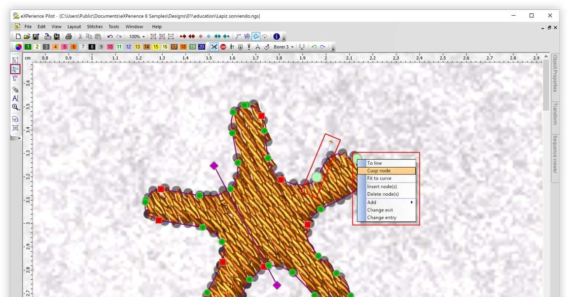 Change the design's shape and direction of stitches through node editor